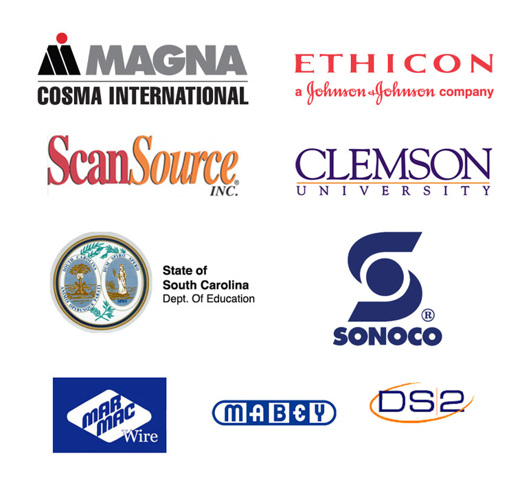 Client logos: Magna Cosma International, Ethicon, ScanSource, Clemson University, South Carolina Department of Education, Sonoco, Mar-Mac Wire, Mabey, DS2